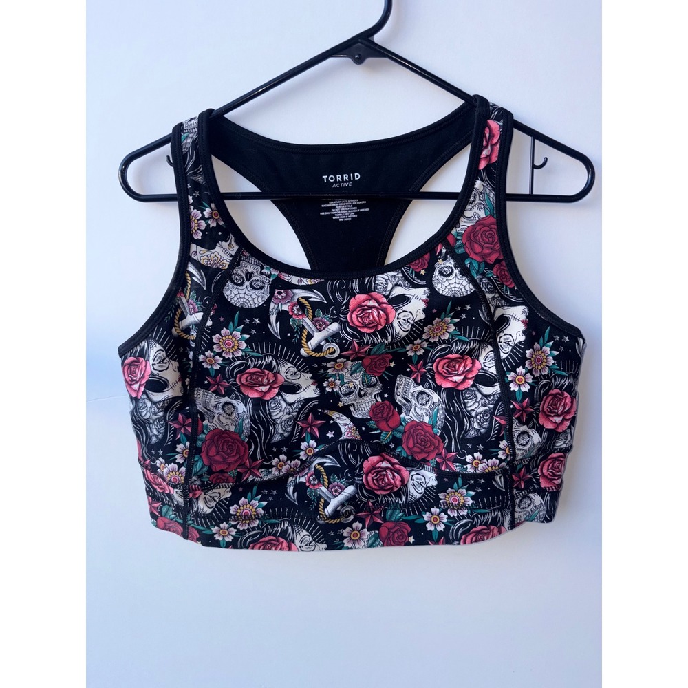 Torrid Active Sugar Skull Rose Tattoo Print Racerback Sports Bra Athletic Top